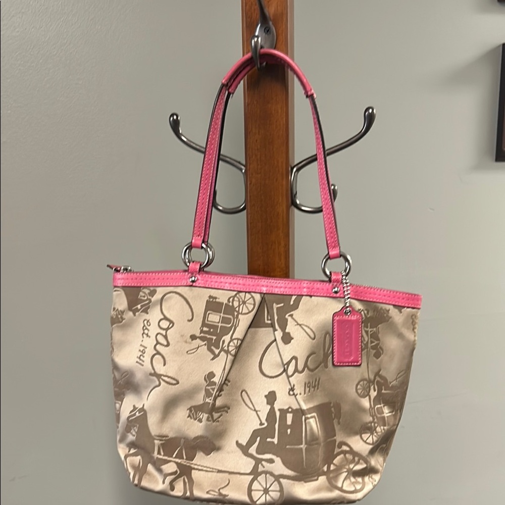 Coach Beige Signature Tote with Pink Trim